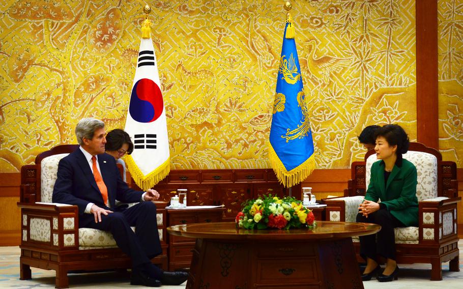 U.S. Secretary of State John Kerry meets with South Korean President Park Geun-hye at the Blue House in Seoul, South Korea, April 12, 2013. 