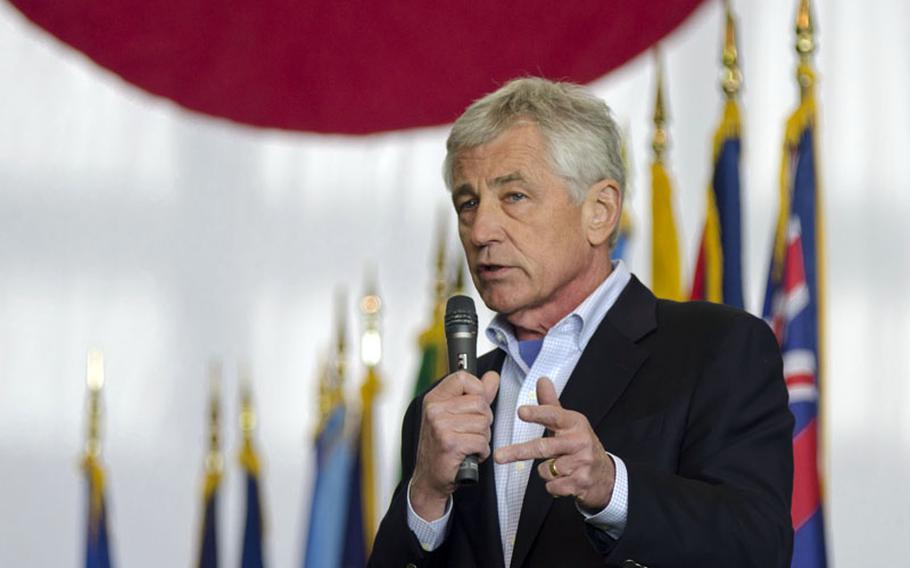 Secretary of Defense Chuck Hagel delivers a speech to US and Japanese soldiers, sailors, Marines and airmen stationed in the Tokyo area at Yokota Air Base, Japan April 5, 2014. Hagel also provided a brief Q&A about sequestration, force management and base closures. 