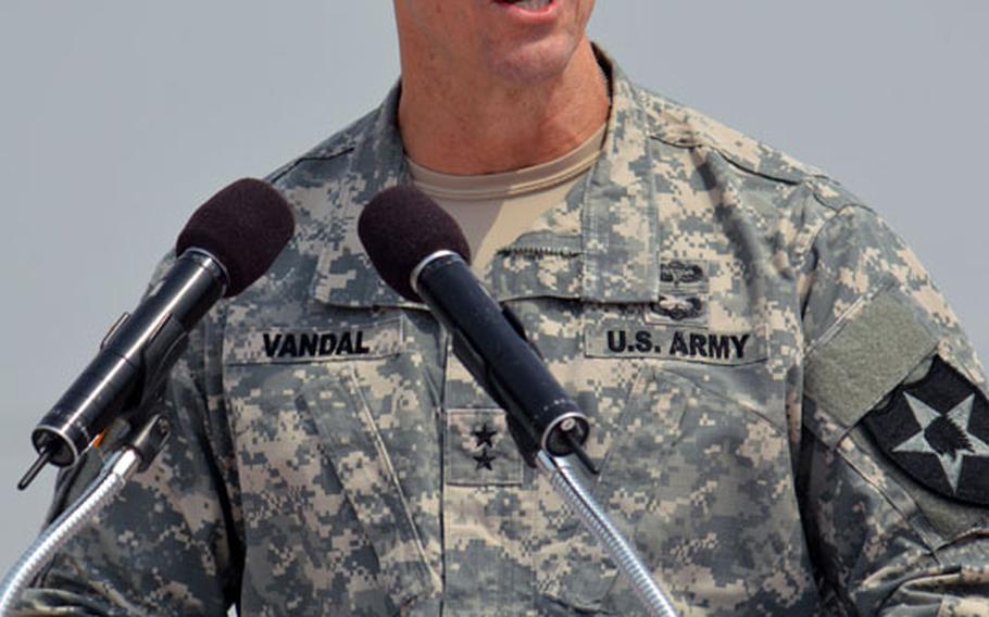 Maj. Gen. Thomas S. Vandal, 2nd Infantry Division commander, gives a speech during the ground breaking ceremony for the new division headquarters at Camp Humphreys, South Korea on April 7, 2014. The current headquarters, Freeman Hall, is located at Camp Red Cloud. 
