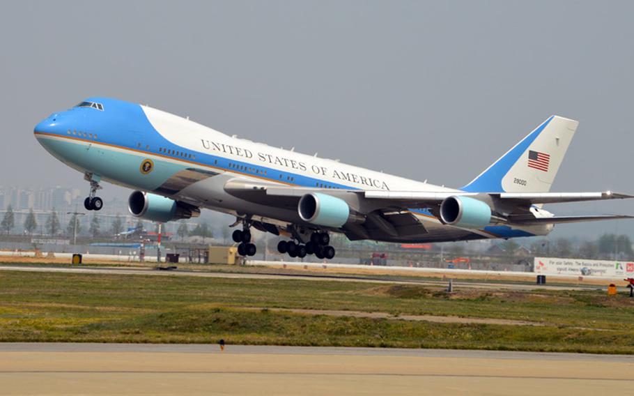 Air Force One carrying President Barack Obama lands on the flight line at Osan Air Base, South Korea, on Friday, April 25, 2014. Obama was expected to meet South Korean President Geun-hye Park later Friday and attend a wreath-laying ceremony at the National War Memorial in Seoul.