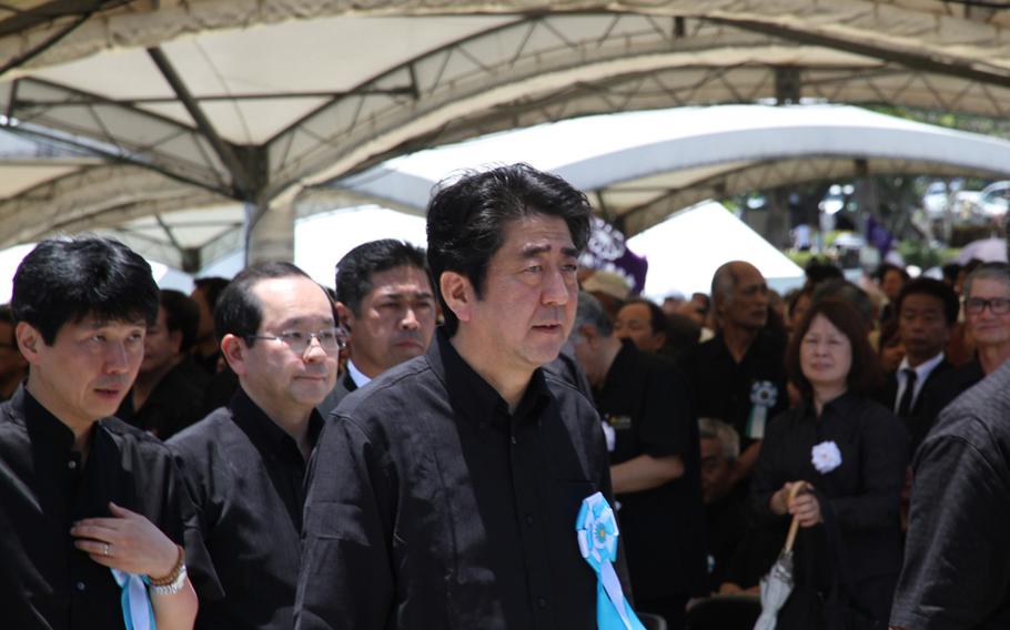 Japanese Prime Minister Shinzo Abe attends the Irei no Hi ceremony June 23, 2014, in Itoman, Okinawa to commemorate the Battle of Okinawa.