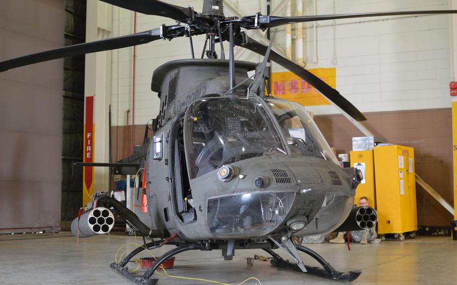 An OH-58D Kiowa on display during a transfer of authority ceremony at Camp Humphreys, South Korea, on June 25, 2014. Thirty Kiowas have been transferred from the 4th Squadron, 6th Cavalry Regiment to the 6th Squadron, 17th Cavalry Regiment.
