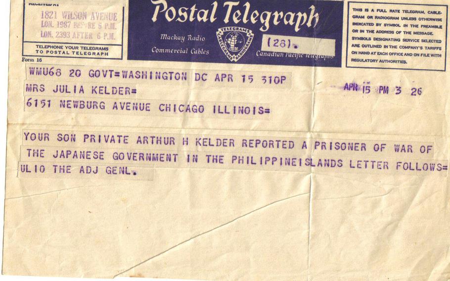 The telegram that informed the family of Army Pvt. Arthur "Bud" Kelder that he had been taken prisoner of the Japanese in the Philippines during World War II.