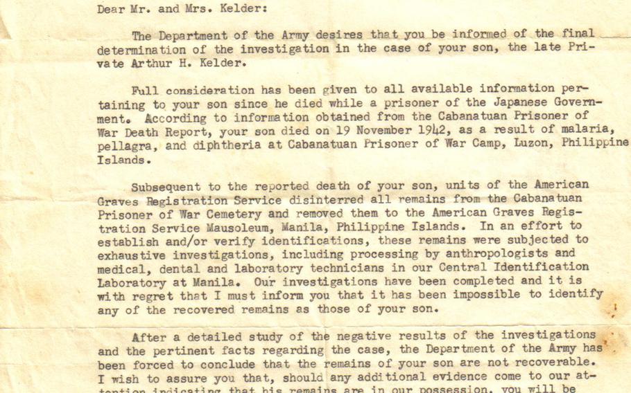 A letter to the family of Army Pvt. Arthur "Bud" Kelder from 1950 determining his remains unecoverable.
