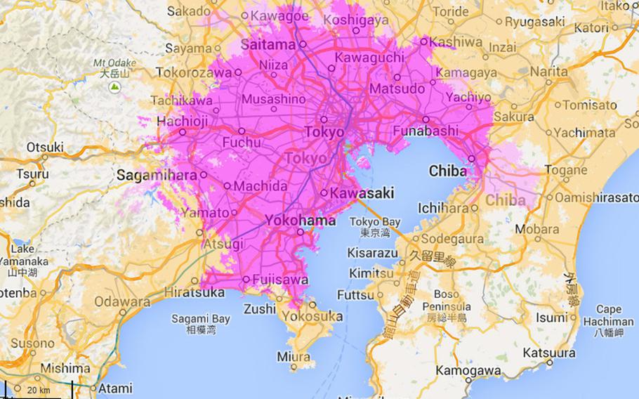Screengrab of Japan-based UQ WiMAX service area in the Kanto Plain June 28, 2014. Dark pink areas have access to the second generation WiMAX2+ technology with wireless Internet reaching speeds as fast as 110MBps. Light pink areas will receive access this summer and yellow areas will only receive first-generation WiMAX for the foreseeable future. Yokosuka, Atsugi, Zama and Yokota all fall within WiMAX's reach with Zama and Yokota on the fringe reach of WiMAX2+ giving on base at least one other option for Internet service.