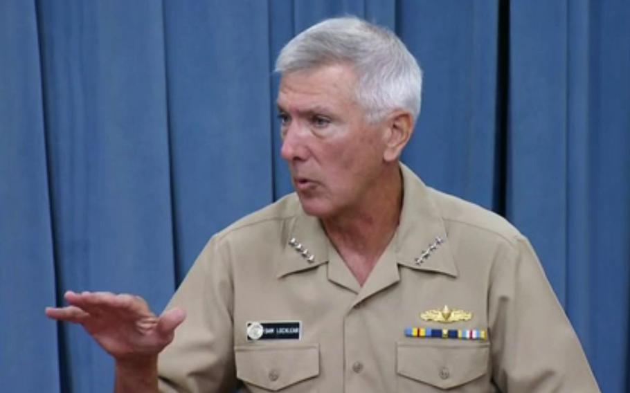 Commander of U.S. Pacific Command, Adm. Sam Locklear holds a Pentagon press briefing on July 29, 2014.