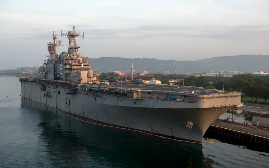The amphibious assault ship USS Peleliu is seen moored at Subic Bay, Philippines, on Sept. 29, 2014, for Amphibious Landing Exercise (PHIBLEX) 2015.