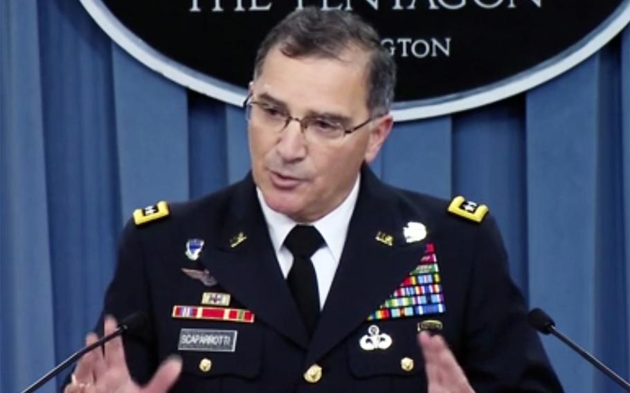 U.S. Forces Korea Commander Gen. Curtis Scaparrotti briefs the Pentagon press corps, Oct. 24, 2014. Scaparrotti said Seoul needs to improve its command and control, intelligence, surveillance and reconnaissance, and missile defense capabilities before the OPCON transfer takes place.