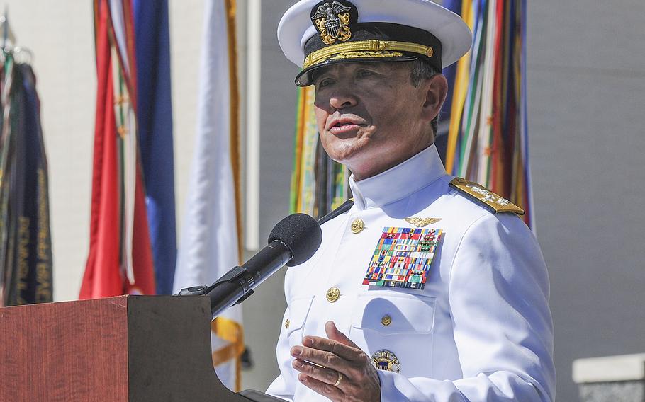 Adm. Harry B. Harris Jr., then-commander of U.S. Pacific Fleet, speaks during a Veterans Day ceremony held at the National Memorial Cemetery of the Pacific on Oahu, Hawaii on Nov. 11, 2014.