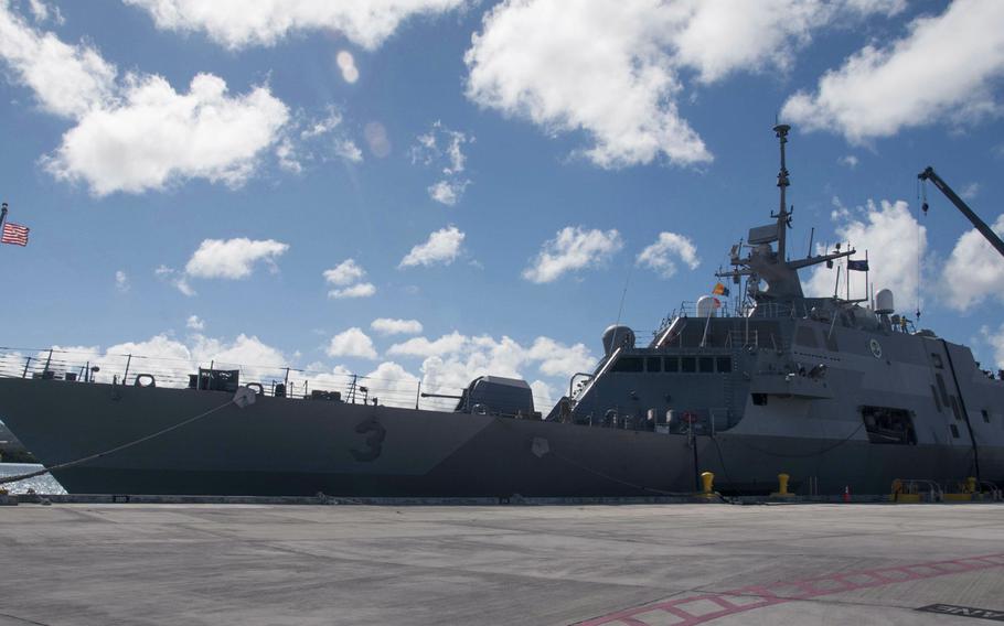 The littoral combat ship USS Fort Worth is moored at Apra Harbor on U.S. Naval Base Guam on Dec. 11, 2014. Fort Worth is conducting its maiden 16-month rotational deployment in support of the Indo-Asia-Pacific rebalance. 
