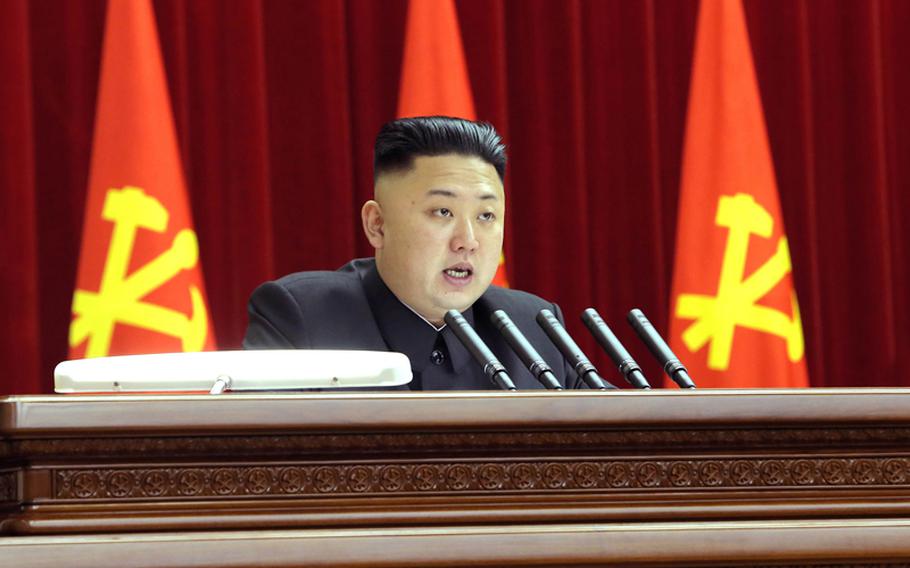 North Korean leader Kim Jong Un gives a speech in March 2013. 