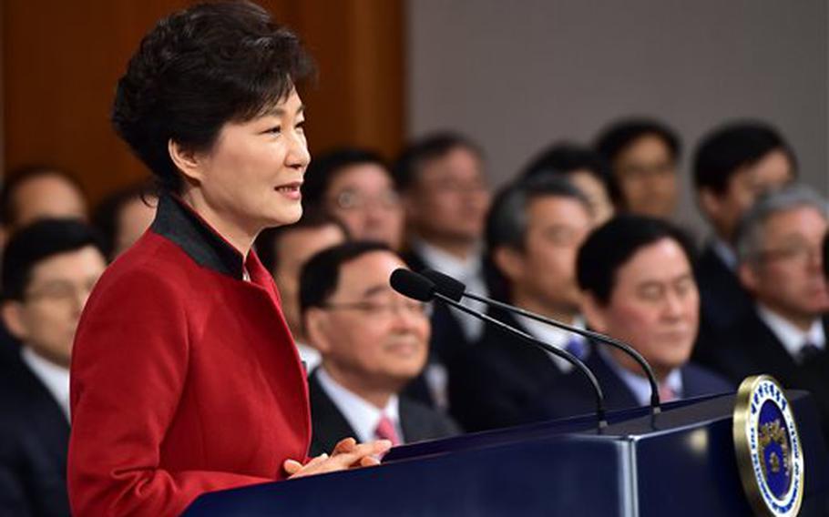 South Korean President Park Geun-hye speaks during her New Year's press conference at the presidential Blue House in Seoul Monday, Jan. 12, 2015. 