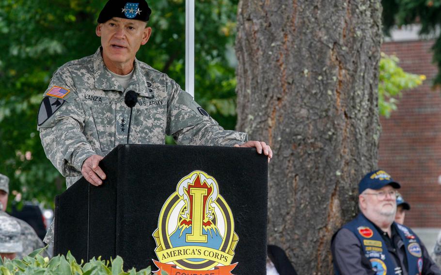 Lt. Gen. Stephen R. Lanza speaks during a service for Vietnam Veterans Salute Day at Joint Base Lewis-McChord, Wash., on Oct. 9, 2014.