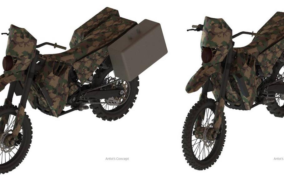 An artist's rendering of Logos Technologies hybrid motorcycle that will be used by the U.S. military on the battlefield. A silent electric motorcycle would allow U.S. troops to move more easily through the war zone.