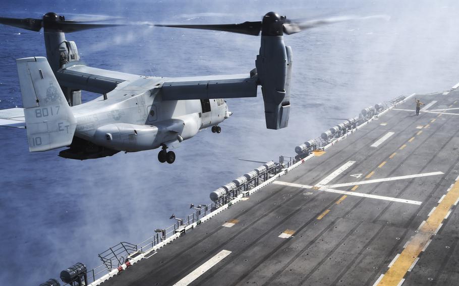 A Marine V-22A Osprey lands aboard the amphibious assault ship USS Peleliu in October 2014 during routine flight operations. Because of the hybrid aircraft's flexibility, the Navy is looking to acquire its own V-22 fleet.

