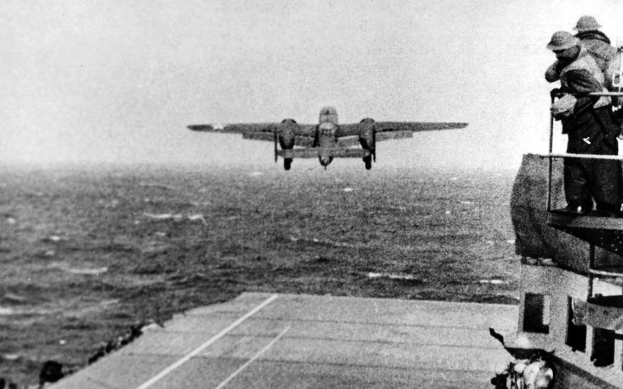 A B-25 takes off from the flight deck of the USS Hornet on April 18, 1942, on its way to the 1st Allied bombing raid of the Japanese mainland.