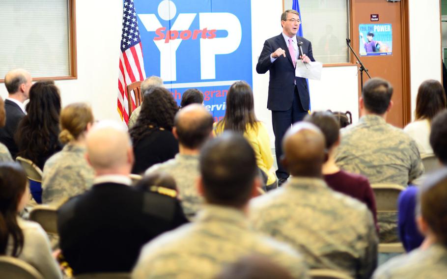 Defense Secretary Ash Carter visited Yokota Air Base on Thursday, April 9, 2015. The visit emphasized a focus on the Asia and Pacific pivot for the Pentagon. Carter will head to South Korea after his Japan visit. 