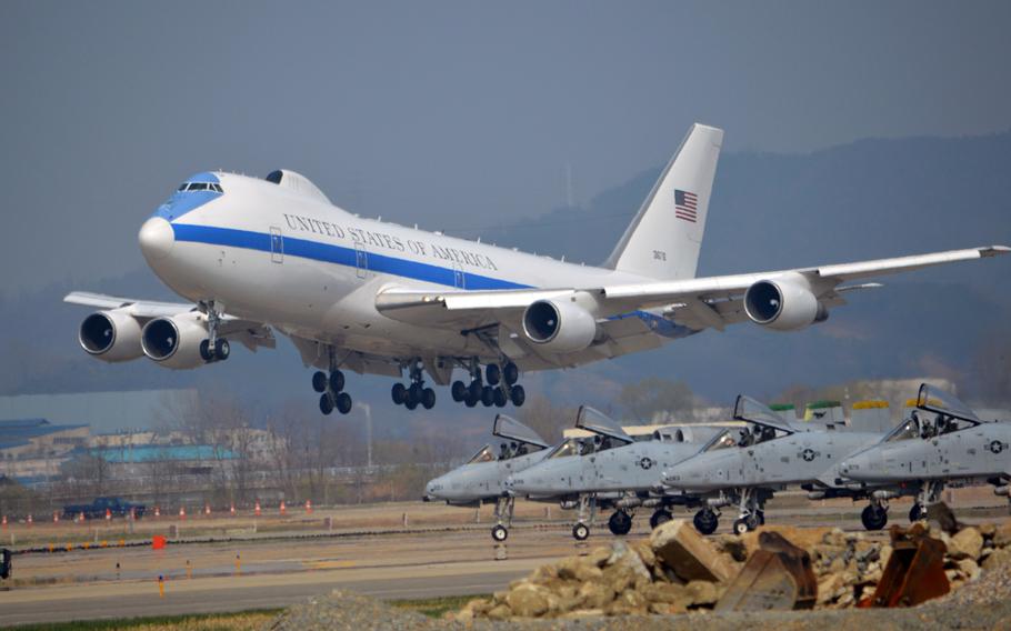 Defense Secretary Ash Carter's aircraft prepares to land at Osan Air Base, South Korea on April 9, 2015. Carter had been at Yokota Air Base, Japan, for a town hall meeting earlier in the day. 

