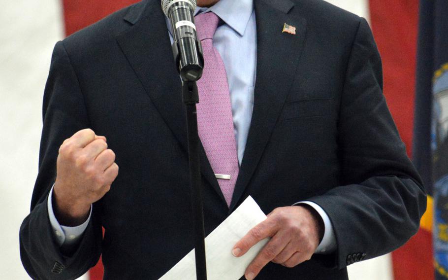 Defense Secretary Ash Carter speaks at a town hall before 200 troops at Osan Air Base, South Korea, on April 9, 2015. 

