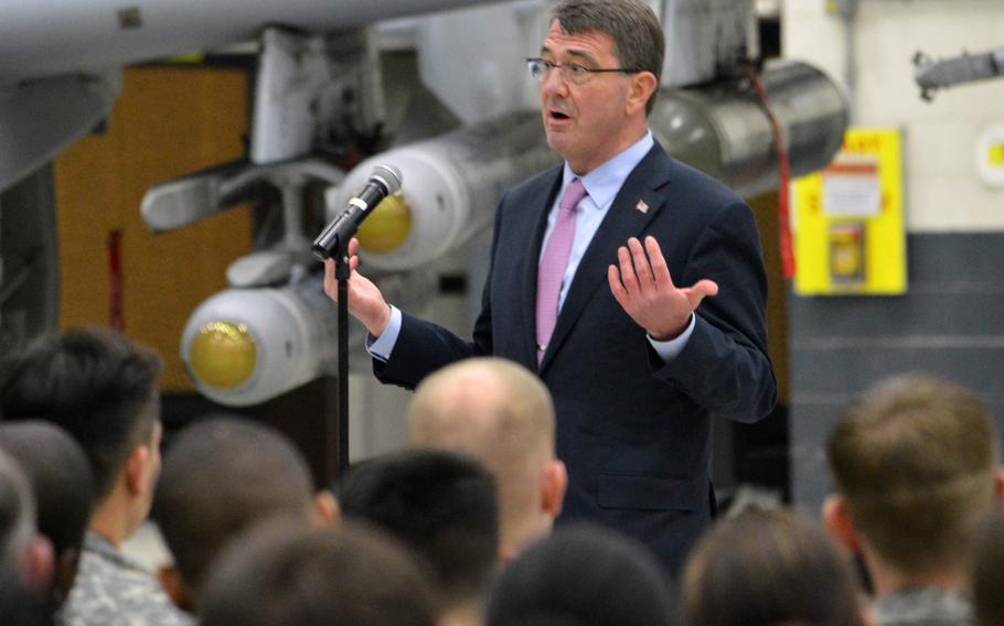 Defense Secretary Ash Carter answers a question during a town hall at Osan Air Base, South Korea, on April 9, 2015. 
