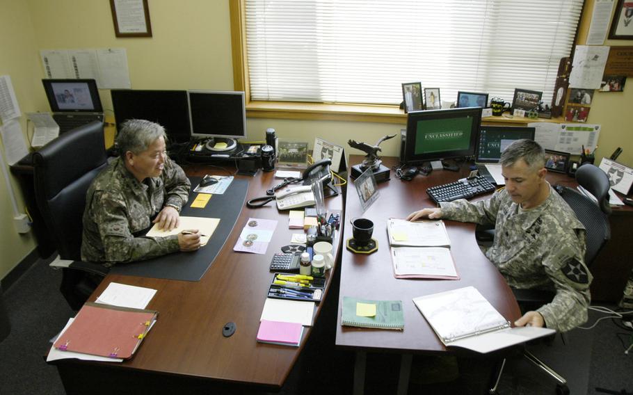 2nd Infantry Division civil affairs officer Lt. Col. Gil Kwon, left, and his deputy, Lt. Col. Michael Cole, have shared an office at Camp Red Cloud, South Korea, since Kwon and 30 other South Korean officers joined the division in January 2015.

