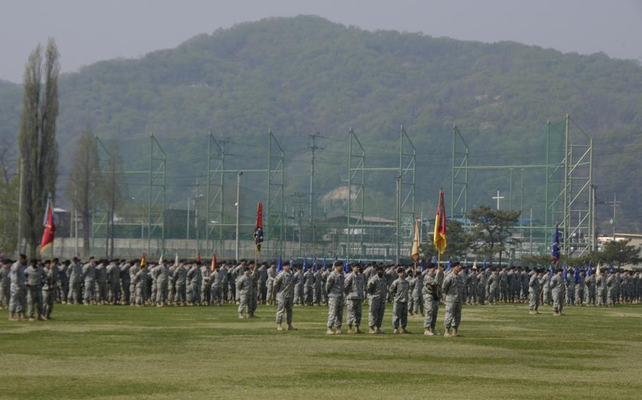 Second Infantry Division soldiers stand in formation at Camp Casey during a change of command ceremony in April.

