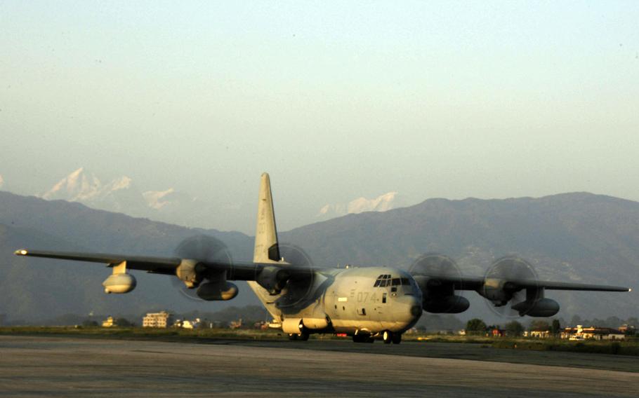 A U.S. KC-130 arrives in Kathmandu on Sunday, May 3, 2015, as part of U.S. efforts to aid the earthquake relief efforts in Nepal. 

