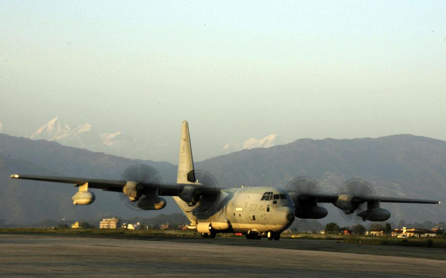 A U.S. KC-130 arrives in Kathmandu on Sunday, May 3, 2015, as part of U.S. efforts to aid the earthquake relief efforts in Nepal.