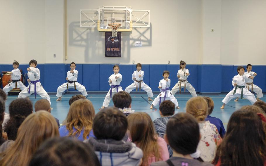 Students from Busonjuku, a local karate school, demonstrate the martial art May 5, 2015 during Joan K. Mendel Elementary School's annual cultural festival, JapANDasia at Yokota Air Base, Japan. More than 160 volunteers participated in the festival to teach the elementary school students about Japanese culture and language.