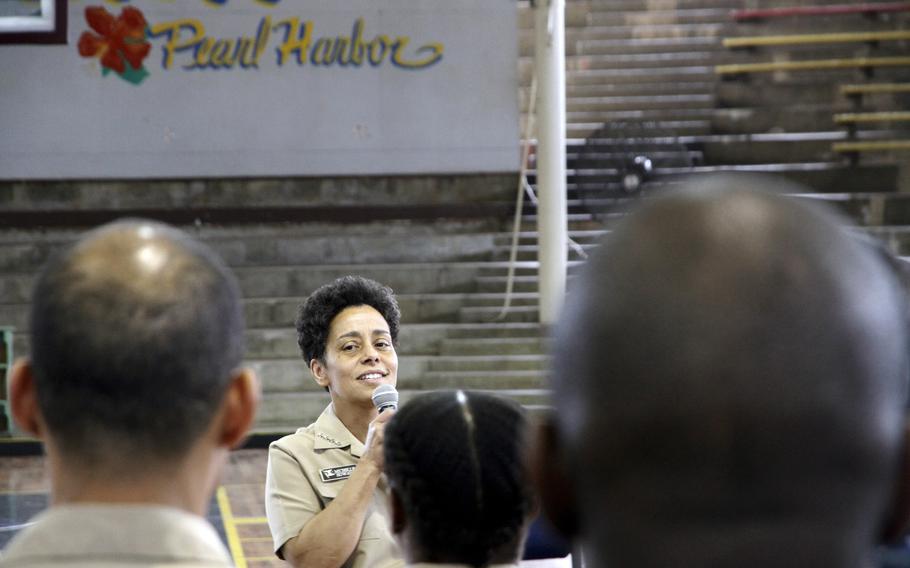 Adm. Michelle Howard, vice chief of naval operations, speaks to sailors during an all-hands call Thursday at Joint Base Pearl Harbor-Hickam.

Wyatt Olson
Stars and Stripes