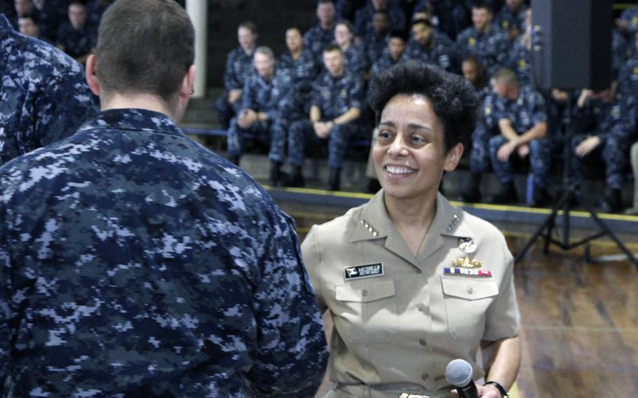 Adm. Michelle Howard, vice chief of naval operations, shakes hands with a sailor during an all-hands call Thursday at Joint Base Pearl Harbor-Hickam.

Wyatt Olson
Stars and Stripes