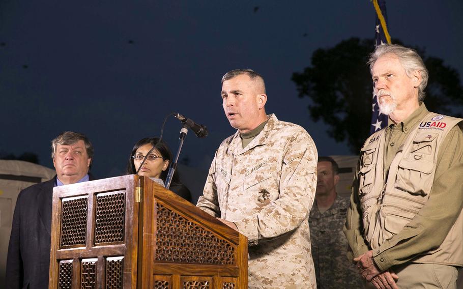 Lt. Gen. John W. Wissler talks at a news conference about the found UH-1Y Huey that went missing after conducting casualty evacuations when Nepal was struck with a 7.3 magnitude earthquake, May 15 at Kathmandu, Nepal. The aircraft carried six Marines and two Nepalese soldiers. 