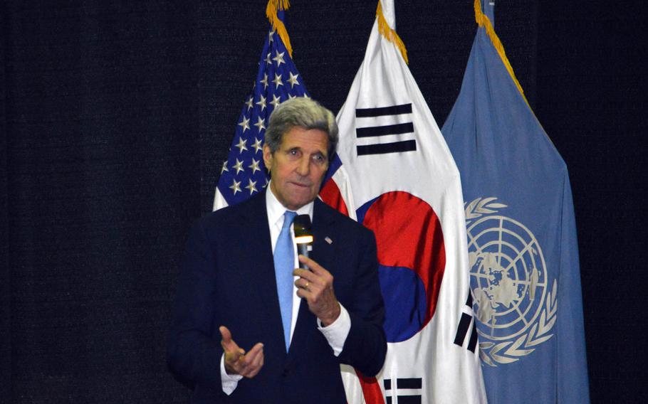 Secretary of State John Kerry speaks before nearly 400 people at Yongsan Garrison’s Collier Field House on May 18, 2015. Various troops, Department of Defense workers, State Department staff and dependents came to hear Kerry speak. 

