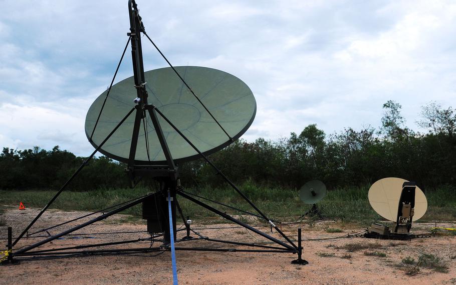 Deployable Joint Command and Control satellites send and receive information at the Joint Task Force 505 staging base at Utapao Royal Thai Naval Airfield, Thailand, May 12, 2015.
