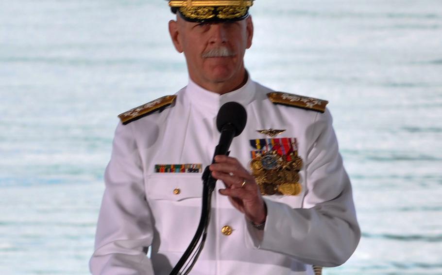 Adm. Scott H. Swift speaks during the ceremony at Joint Base Pearl Harbor-Hickam, Hawaii, on Wednesday, May 27, 2015, in which he assumed command of U.S. Pacific Fleet.