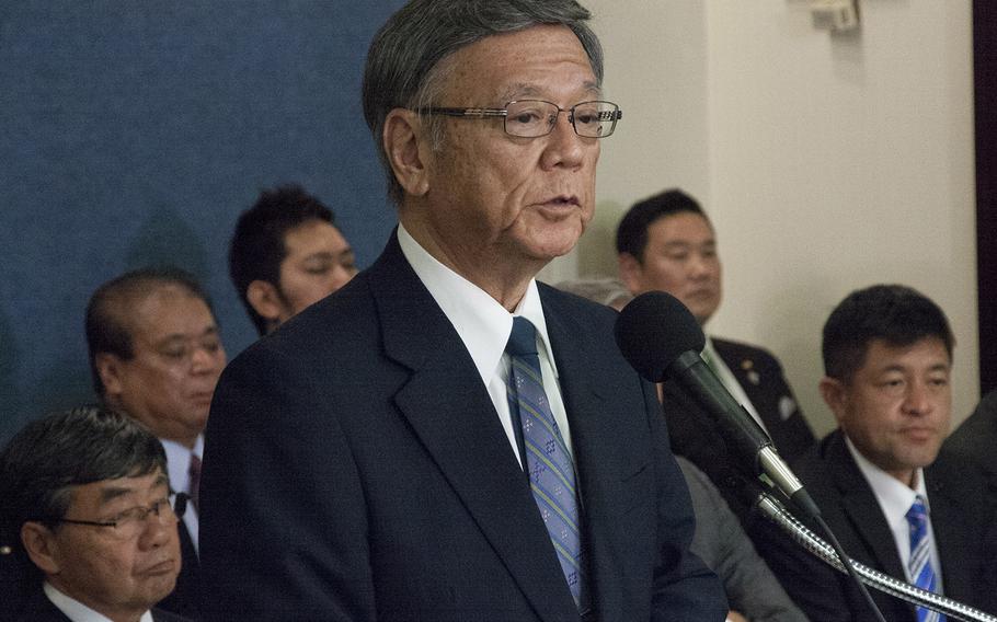 Gov. Takeshi Onaga of Okinawa prefecture meets with reporters at the National Press Club in Washington, D.C., June 3, 2015.