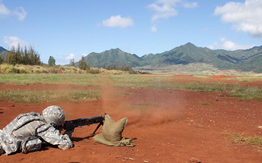 A soldier fires at a target during the 2015 U.S. Army Pacific Best Warrior Challenge on June 9, 2015, as part of qualifying on multiple weapon systems during the weapons qualification event at Schofield Barracks, Hawaii.