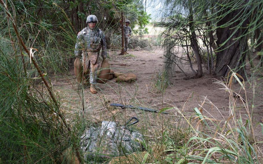 A soldier moves heavy supplies through a wooded area as part of a general skills test that was part of the Best Warrior Challenge in June 2015 in Hawaii.