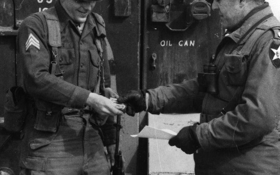 Sgt. Edgar P. Sentz, of 2nd Battalion, 9th Infantry Regiment, receives his staff sergeant stripes from commanding officer Lt. Col. William T. Cound on Feb. 5, 1968.