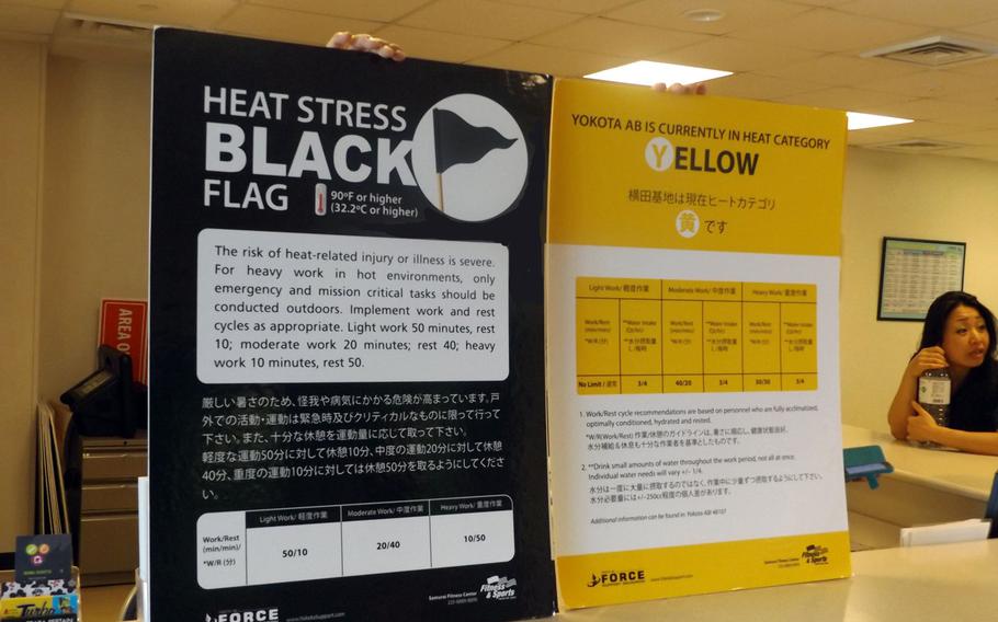 An employee at the Yokota Air Base fitness gym holds two signs displaying the black and yellow designations for the heat category. 