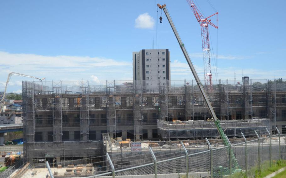Construction continues on a future hospital at Camp Zama on July 15, 2015. The hospital is being built on land slated to be returned to Japan. The land was part of the Chapel Hill residential area on Camp Zama. Army family housing that had been on Chapel Hill will be reconstructed by the Japanese government elsewhere on the post.