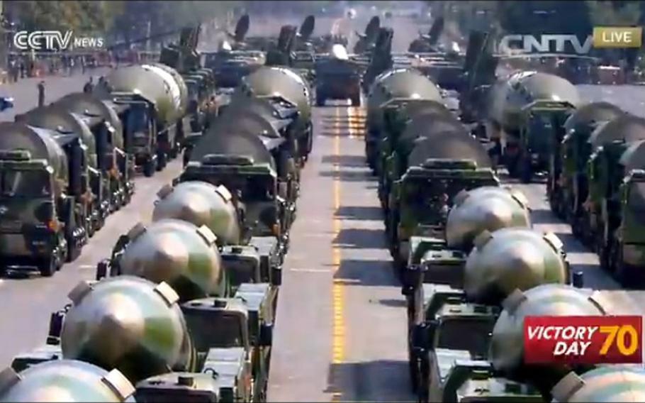 Chinese missiles roll through Beijing during a parade on Sept. 3, 2015, commemorating the 70th anniversary of Japan's WWII surrender.