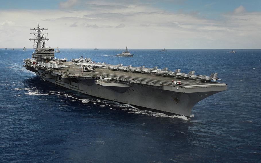 The USS Ronald Reagan departed San Diego Monday, Aug. 31, 2015, for Yokosuka Naval Base, Japan. UP to 20,000 people are expected to turn out Sunday, Sept. 13, 2015, in Yokosuka to protest the impending arrival of the Reagan and a set of security bills that would broaden Japan’s combat options.
