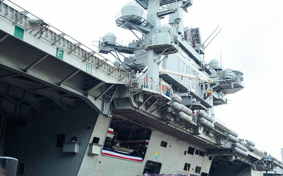 Secretary of the Navy Ray Mabus addresses the media Oct. 1, 2015, after the USS Ronald Reagan's arrival at Yokosuka Naval Base, Japan. Ronald Reagan's deployment, along with the Navy's partnership with the Japan Maritime Self-Defense Force, will ensure stability in the Pacific, Mabus said.