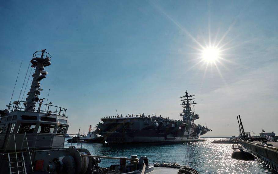 The USS Ronald Reagan makes a port visit to Busan, South Korea, on Friday morning, Oct. 30, 2015, after participating in days of joint drills with the South Korean navy.