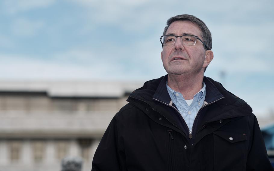 Secretary of Defense Ash Carter speaks in front of the Freedom House at the Demilitarized Zone between North and South Korea on Sunday, Nov. 1, 2015. The visit was Carter's first to the buffer zone.