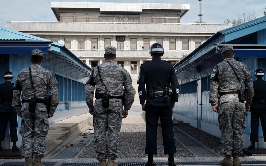 U.S. and South Korean guards stand in front of Freedom House at the Demilitarized Zone between North and South Korea on Sunday, Nov. 1, 2015. U.S. Secretary of State Ash Carter visited the buffer zone to highlight the U.S. commitment to its South Korean ally.