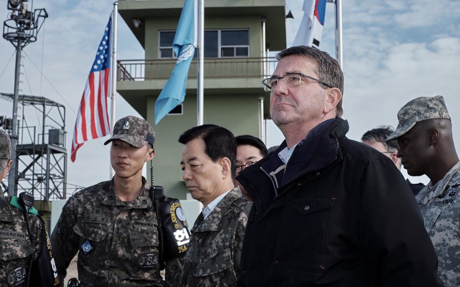 Secretary of Defense Ash Carter receives a tour of Observation Post Ouelette between North and South Korea on Sunday, Nov. 1, 2015. The visit was Carter's first to the buffer zone between North and South Korea to highlight the U.S. commitment to its South Korean ally.