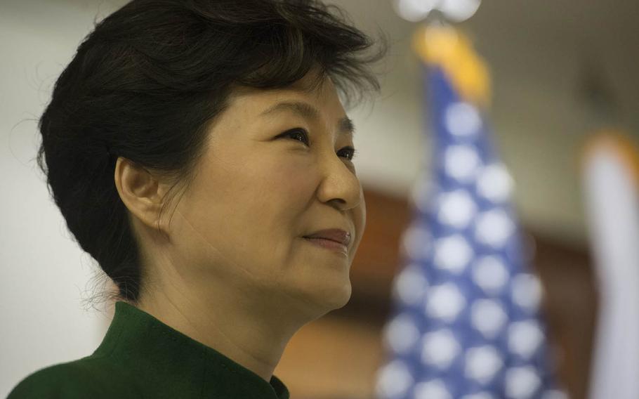 South Korean President Park Geun-hye speaks during a visit to the Pentagon in October. Park vowed Wednesday, Jan. 13, 2016, to continue loudspeaker broadcasts across the Demilitarized Zone that have angered North Korea, apparently rejecting Britain's call to halt the barrage of propaganda and pop music to avoid further escalating the latest crisis on the peninsula.
