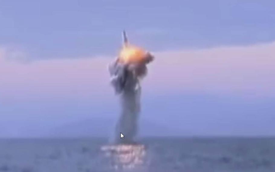 This screenshot from Korean Central Television shows a test of North Korea's submarine-launched ballistic missile system in December 2015. 38 North, a website run by Johns Hopkins University's School of Advanced International Studies that monitors North Korean activities, said analysis of video of the launch and satellite imagery of the submarine and support vessels in port two days later "suggests that this test was probably conducted from a submerged barge" and appeared to have failed.
